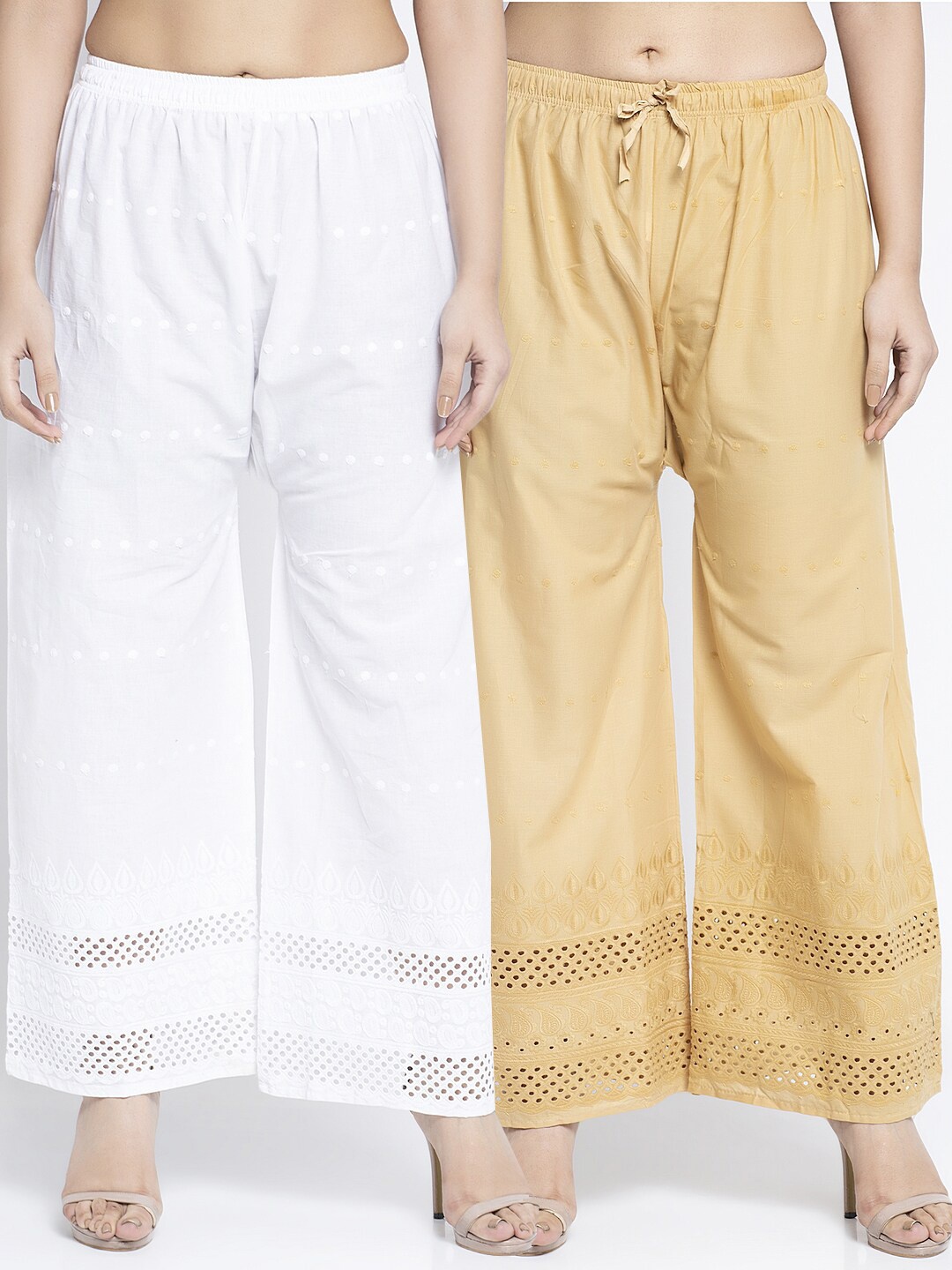 

Jinfo Women Pack of 2 White & Beige Embroidered Flared Palazzos