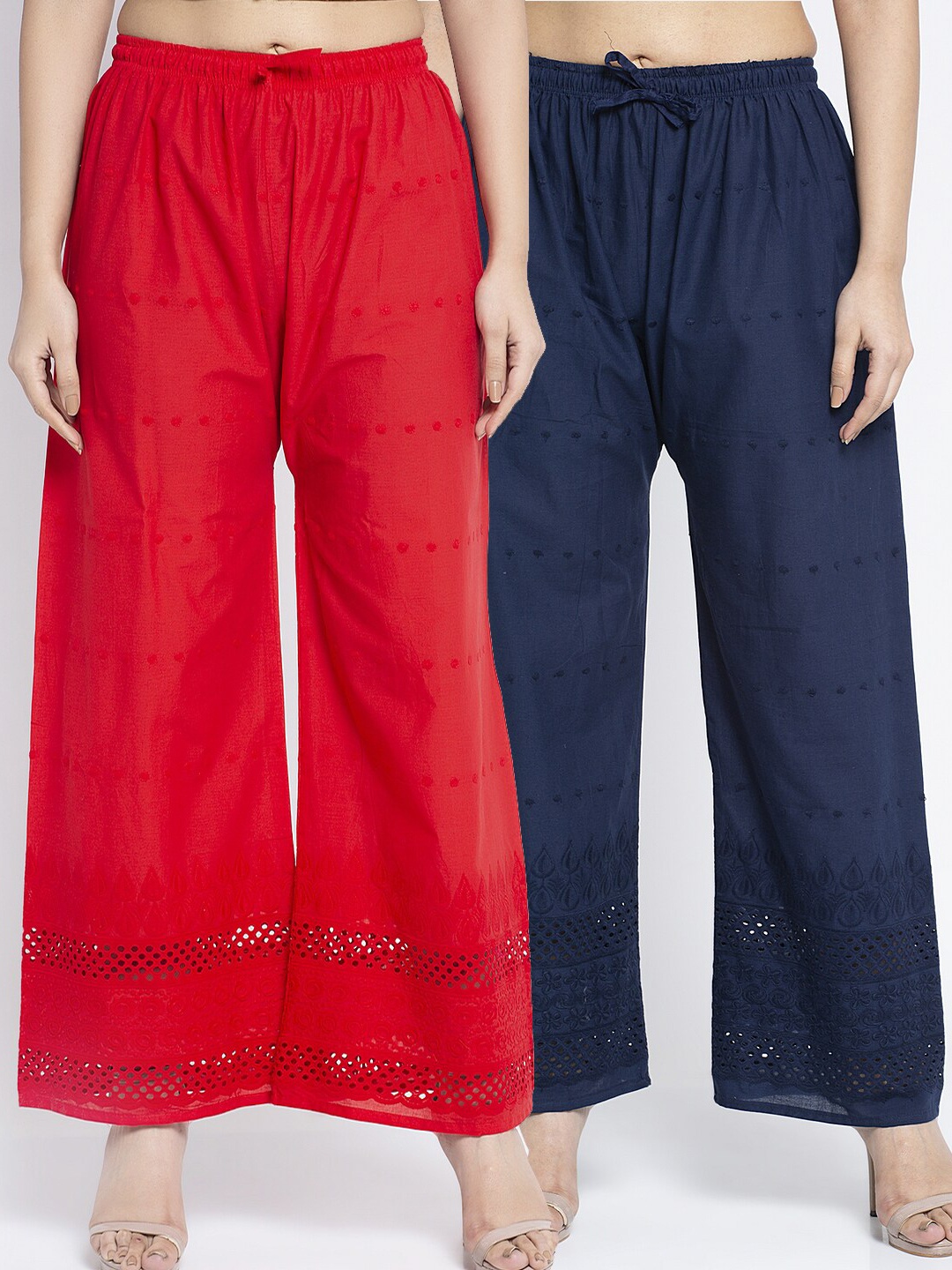 

Jinfo Women Red & Navy Blue Pack Of 2 Embroidered Straight Fit Cotton Palazzos