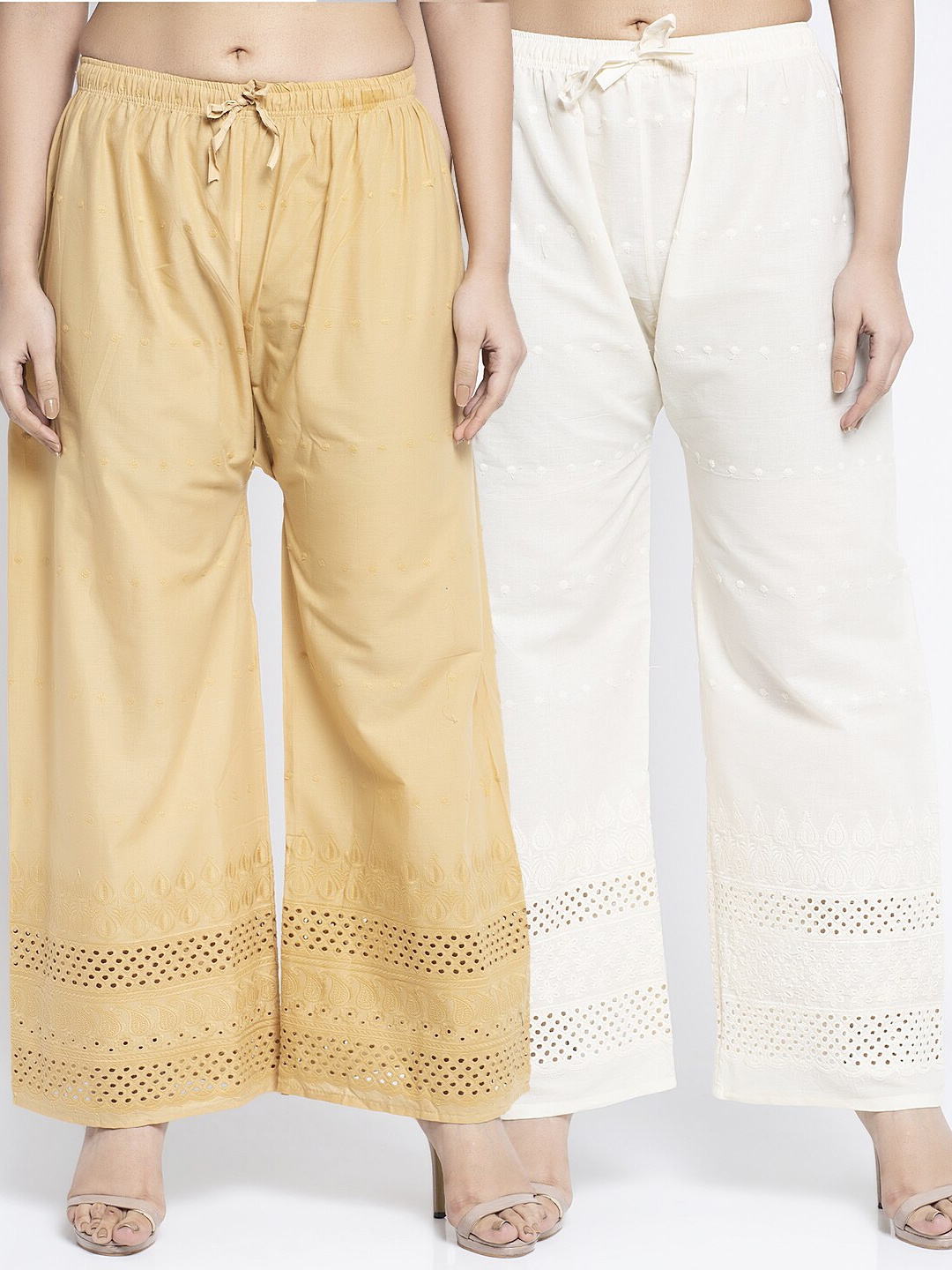 

Jinfo Women Beige & Off White 2 Cotton Embroidered Flared Knitted Ethnic Palazzos