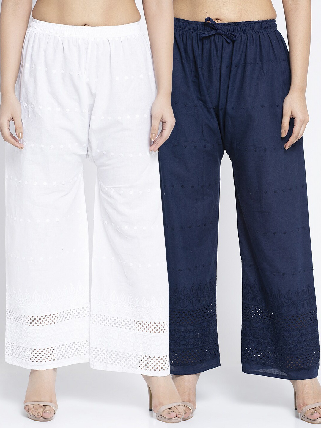 

Jinfo Women Pack of 2 White & Navy Blue Embroidered Flared Palazzos
