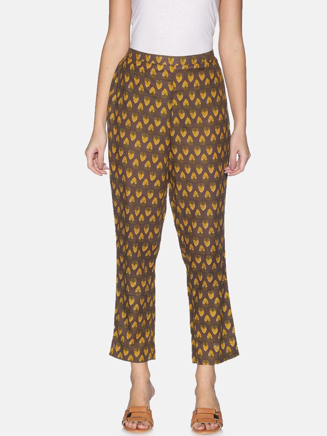 

Saffron Threads Women Brown Ethnic Motifs Printed Original Easy Wash Trousers