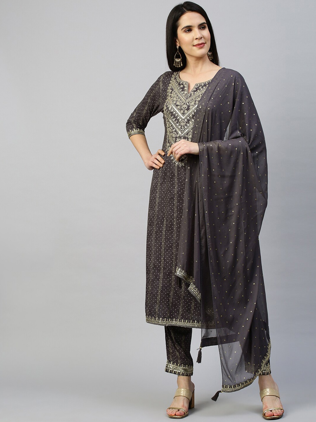 

FASHOR Women Grey Embroidered Empire Kurta with Trousers & With Dupatta