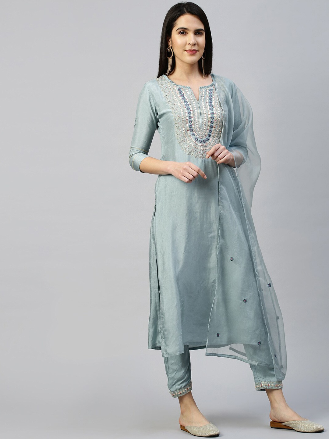 

FASHOR Women Turquoise Blue Embroidered Mirror Work Kurta with Trousers