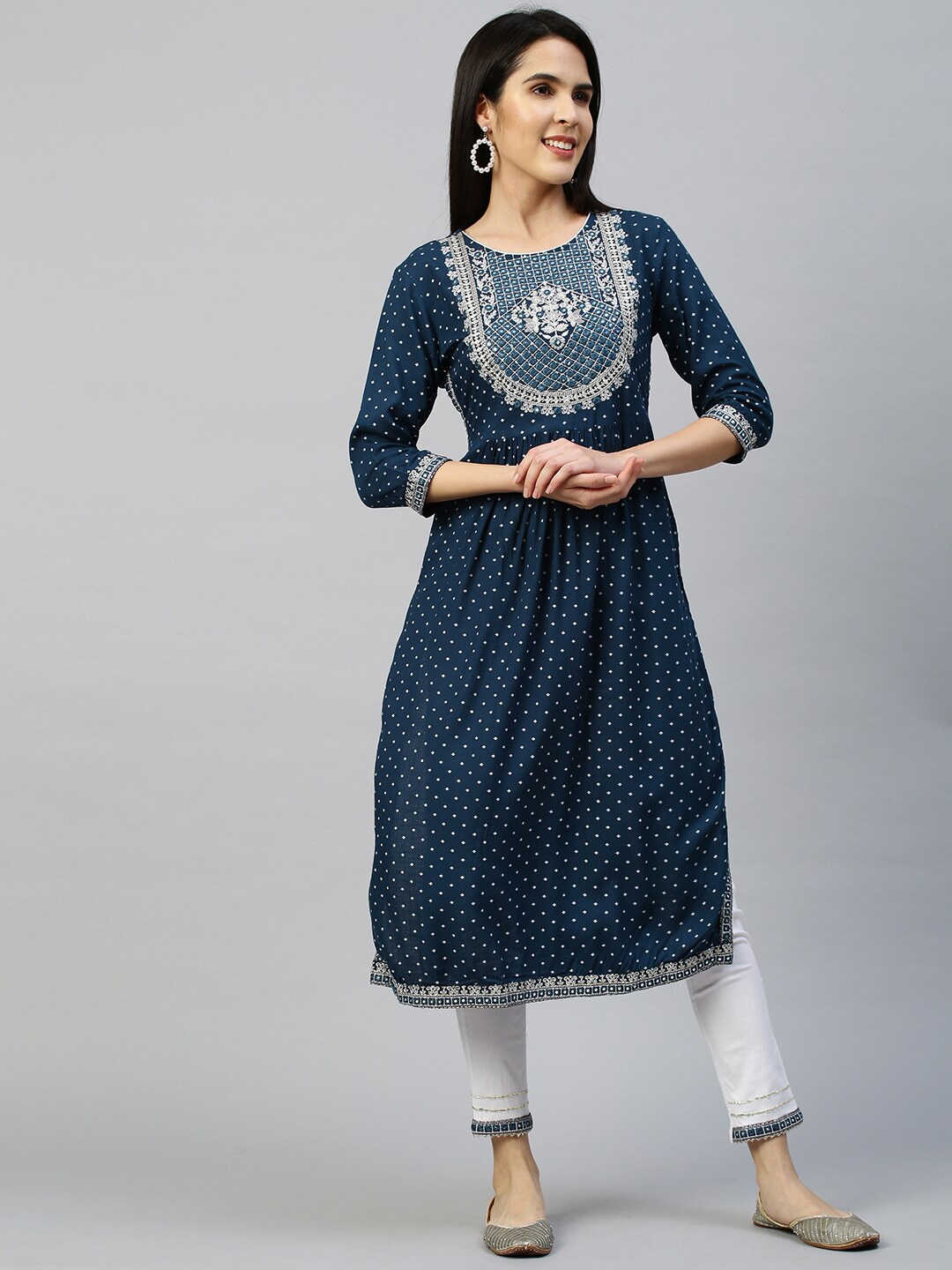 

FASHOR Women Navy Blue Embroidered Empire Kurta with Trousers