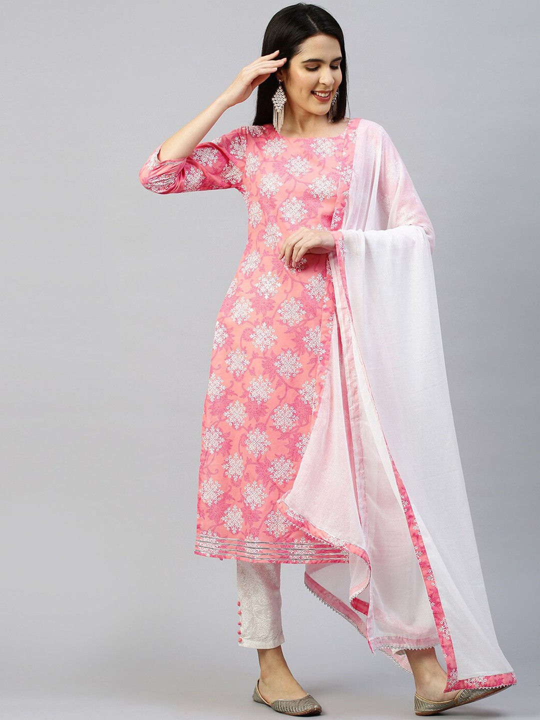 

FASHOR Women Peach-Coloured Floral Printed Pure Cotton Kurta with Churidar