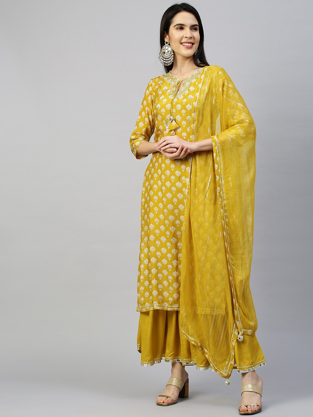 

FASHOR Women Mustard Yellow Floral Embroidered Gotta Patti Kurti with Sharara & Dupatta