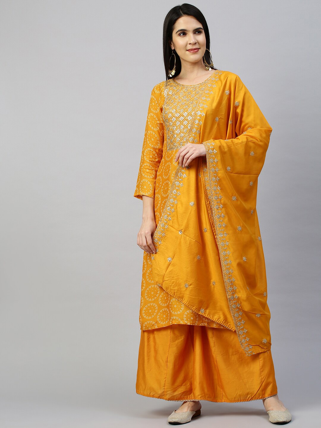 

FASHOR Women Yellow Floral Embroidered Kurta With Palazzos & Dupatta