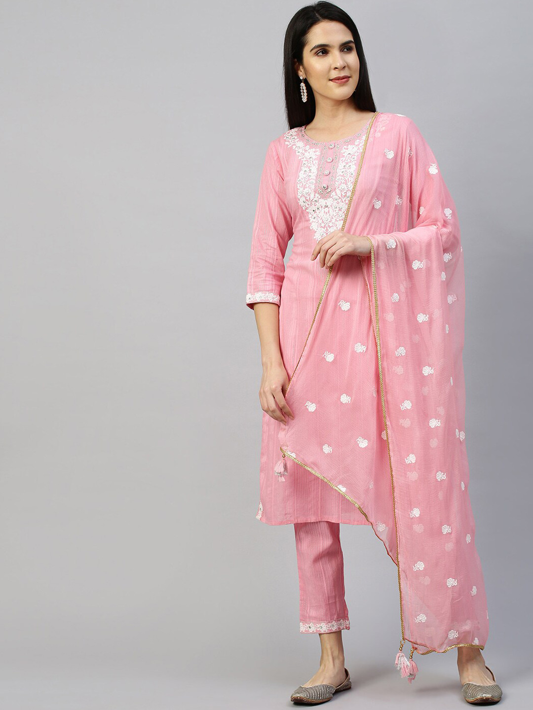 

FASHOR Women Pink Embroidered Mirror Work Kurta with Trousers & With Dupatta