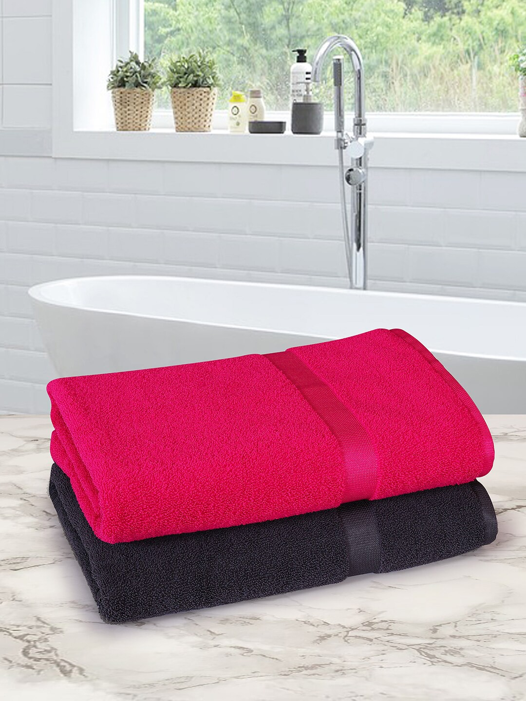 

ROMEE Pink & Charcoal Grey Pack Of 2 Solid Microfiber 350-GSM Bath Towels