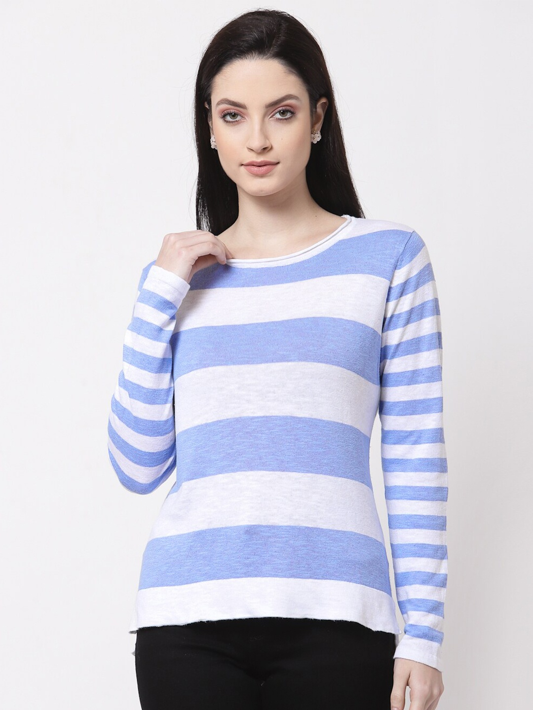 

KLOTTHE Women Blue & White Striped Wool Pullover
