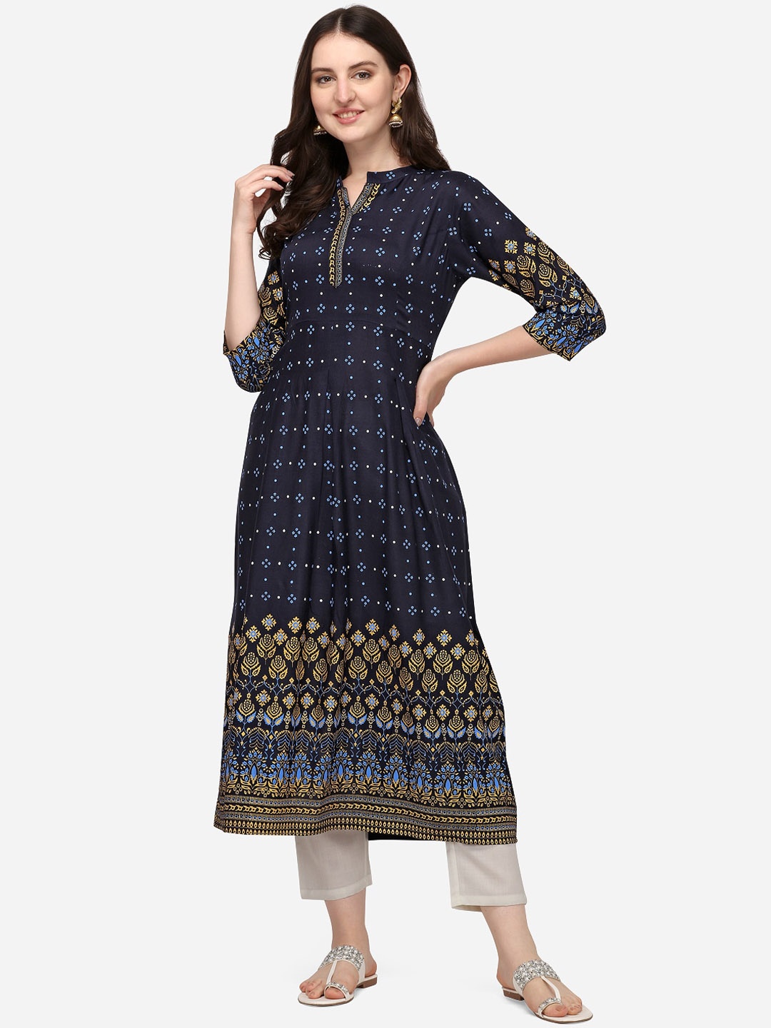 

SAADHVI Women Navy Blue Ethnic Motifs Printed Flared Sleeves Thread Work Floral Anarkali Kurta