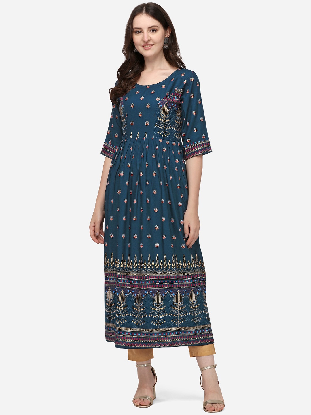 

SAADHVI Women Navy Blue & Brown Floral Printed Anarkali Kurta