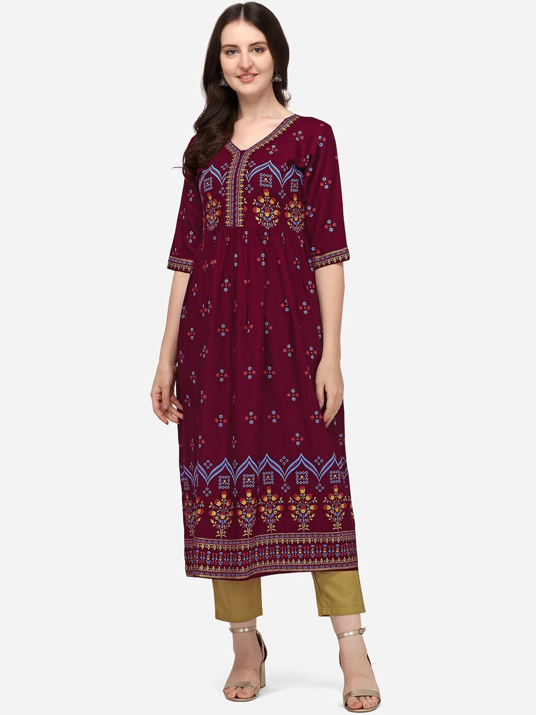 

SAADHVI Women Burgundy Ethnic Motifs Printed Rayon Floral Kurta