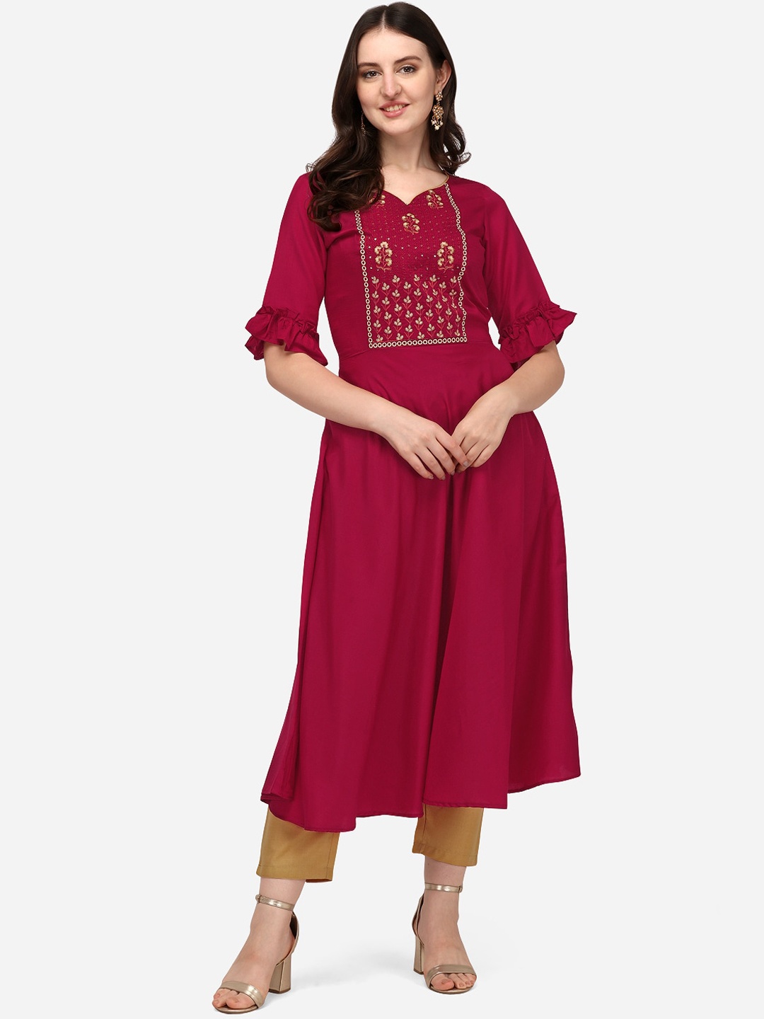 

SAADHVI Women Red Floral Yoke Design Flared Sleeves Anarkali Kurta