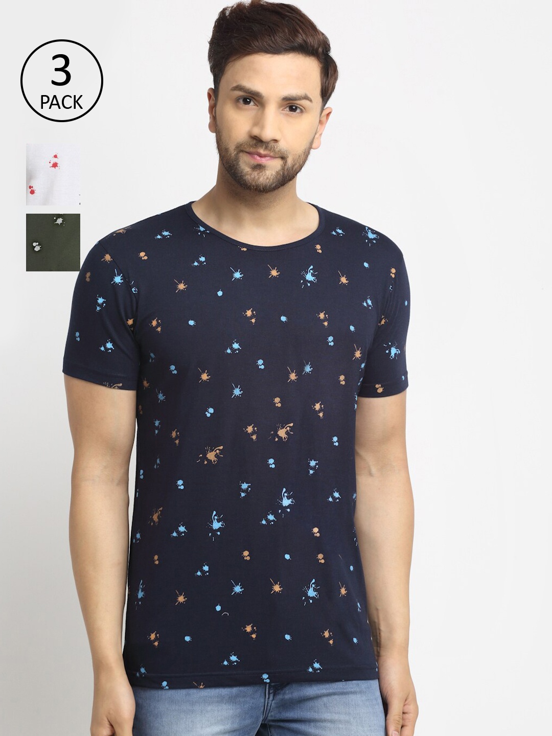 

MACK JONNEY Men Navy Blue Set of 3 Printed T-shirt
