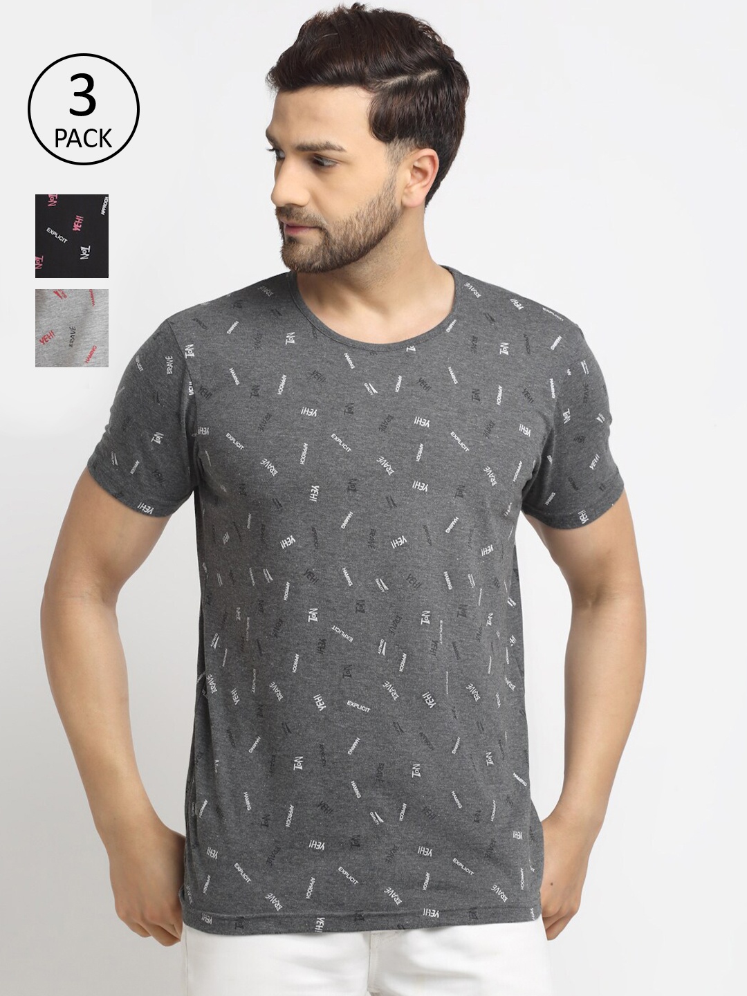 

MACK JONNEY Men Pack Of 3 `Grey & Black Printed T-shirt