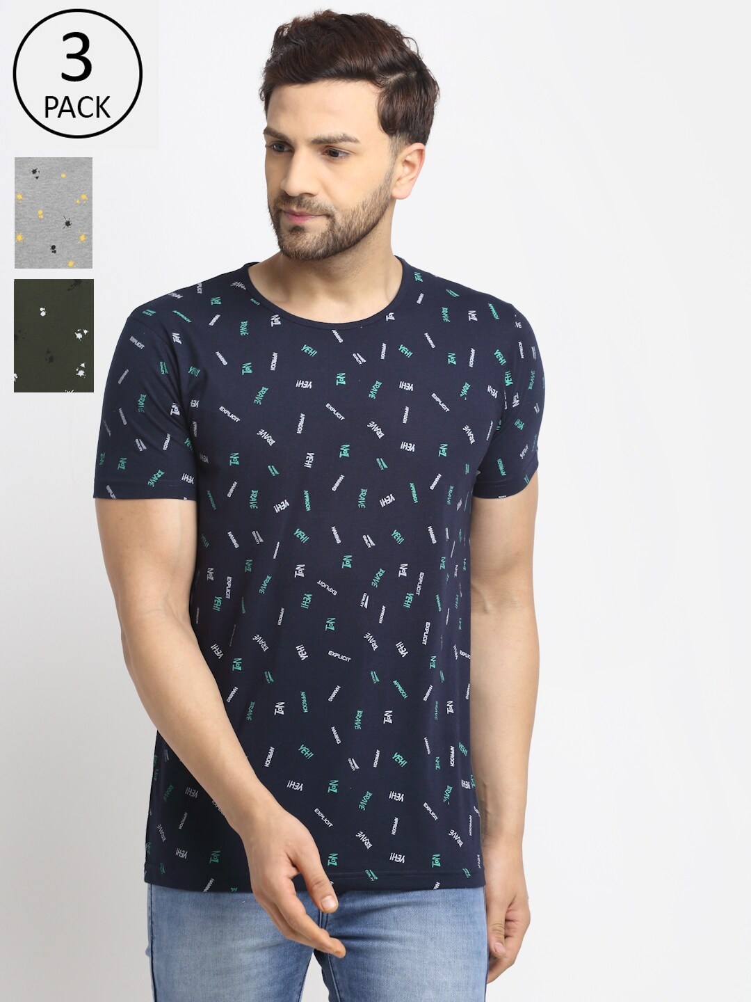 MACK JONNEY Men Pack Of 3 Printed T-shirt, Navy blue