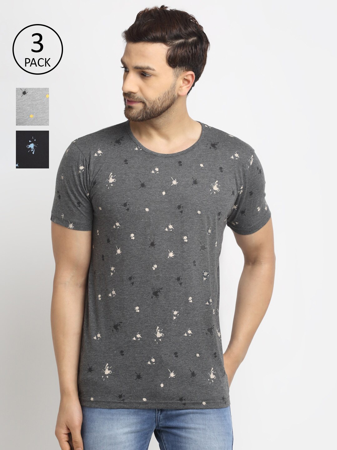 

MACK JONNEY Men Pack Of 3 Grey & Black Printed T-shirts