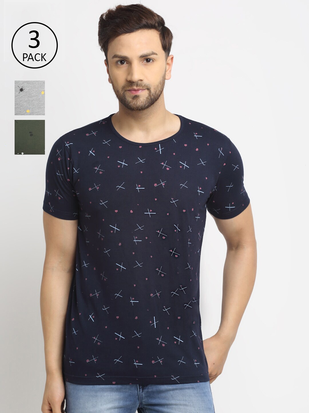 

VIMAL JONNEY Men Pack Of 3 Printed T-shirts, Navy blue