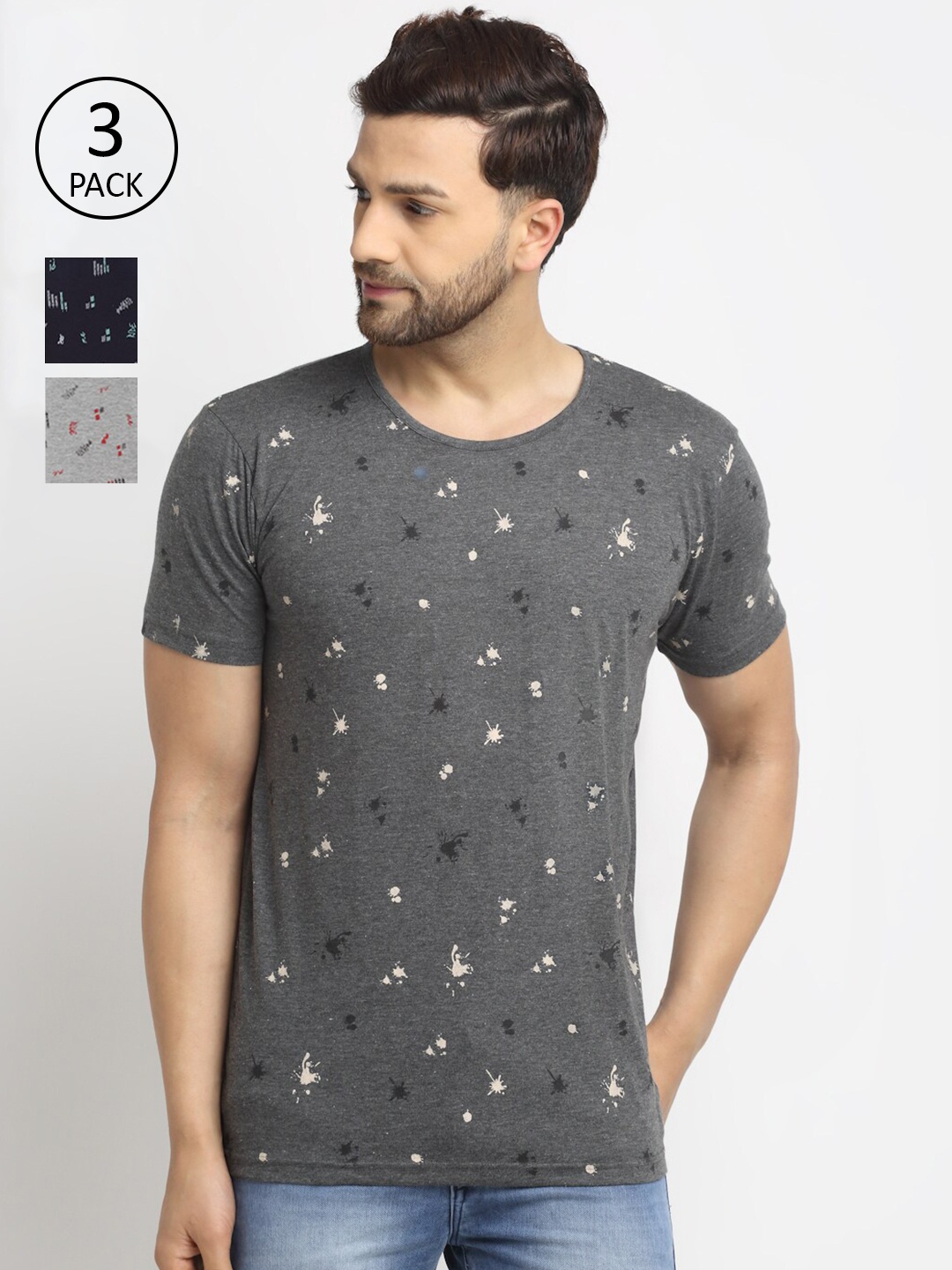 

VIMAL JONNEY Men Pack Of 3 Grey & Navy Blue Printed T-shirts