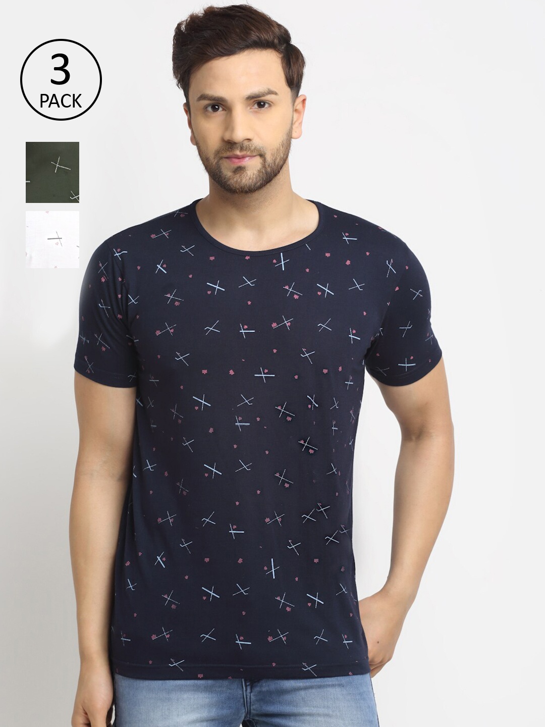 

VIMAL JONNEY Men Pack Of 3 Printed T-shirt, Navy blue