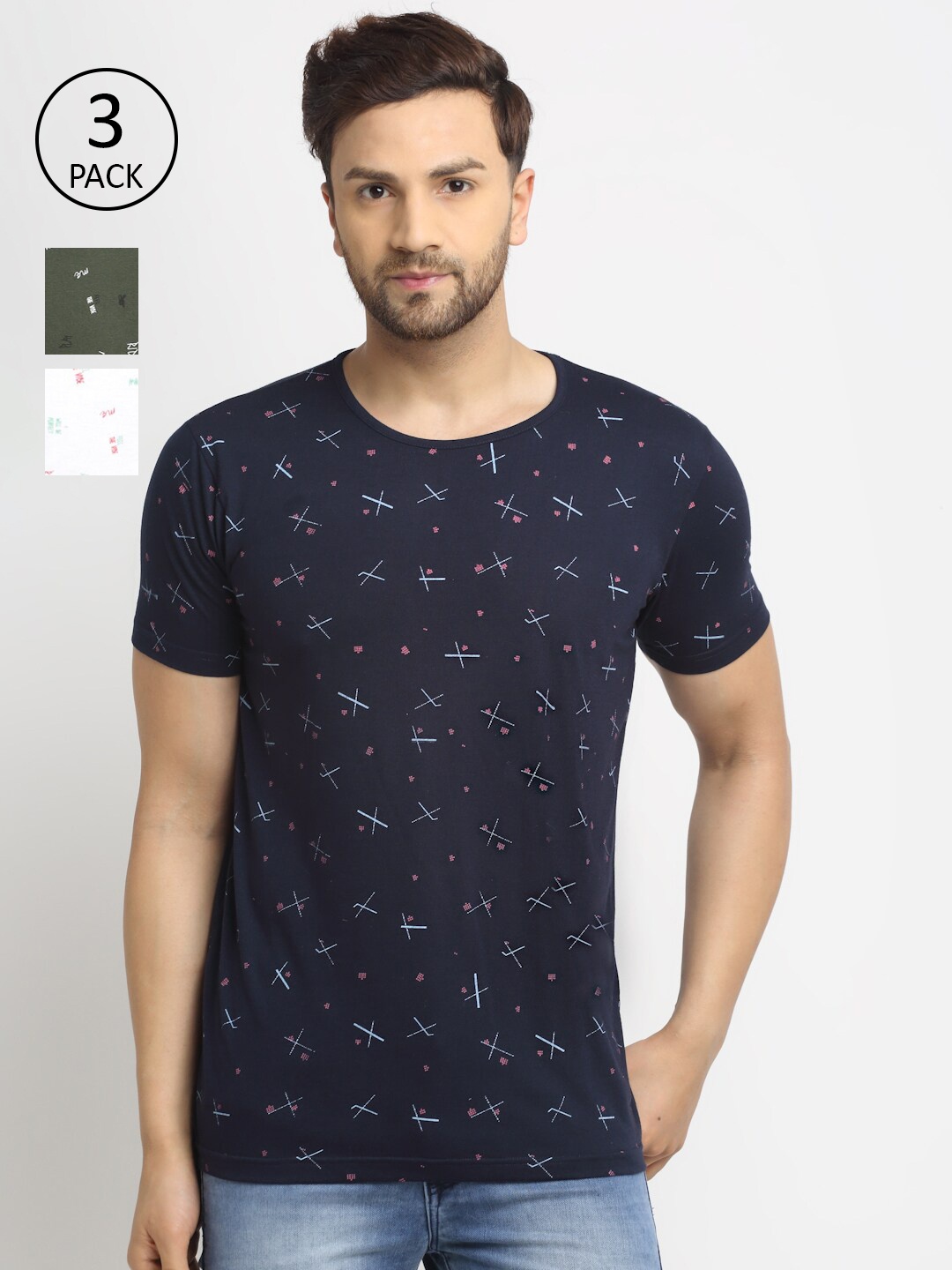 

VIMAL JONNEY Men Pack Of 3 Printed T-shirts, Navy blue