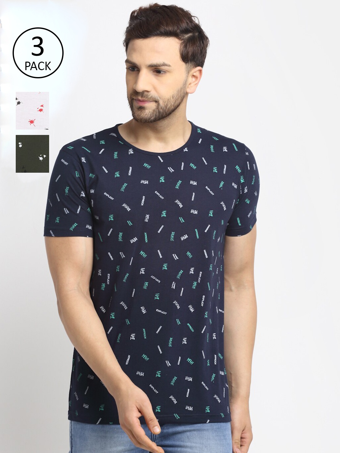 

MACK JONNEY Men Set Of 3 Navy Blue & White Printed Cotton T-shirt