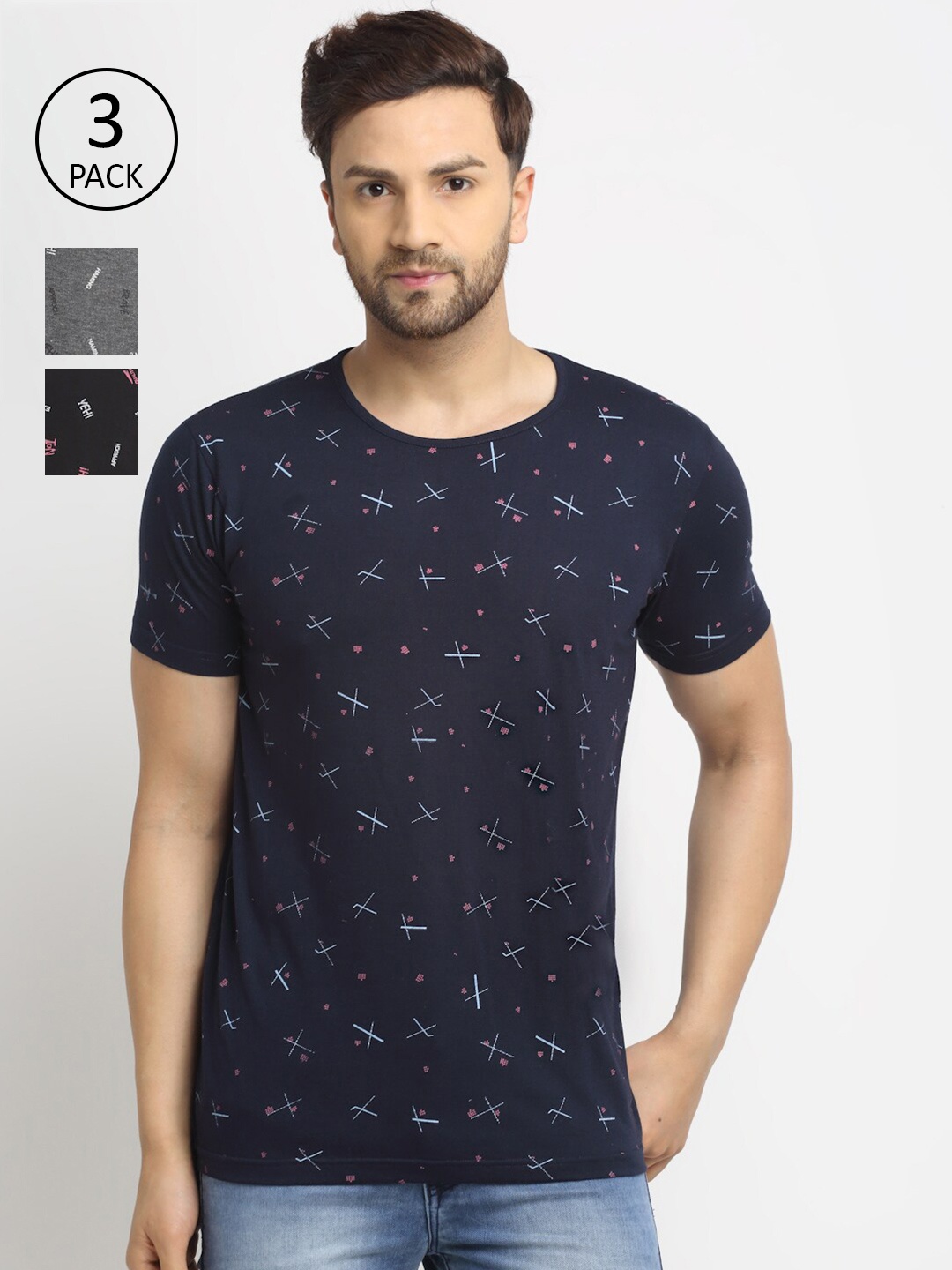 

MACK JONNEY Men Navy Blue & Grey Pack Of 3 Printed T-shirt