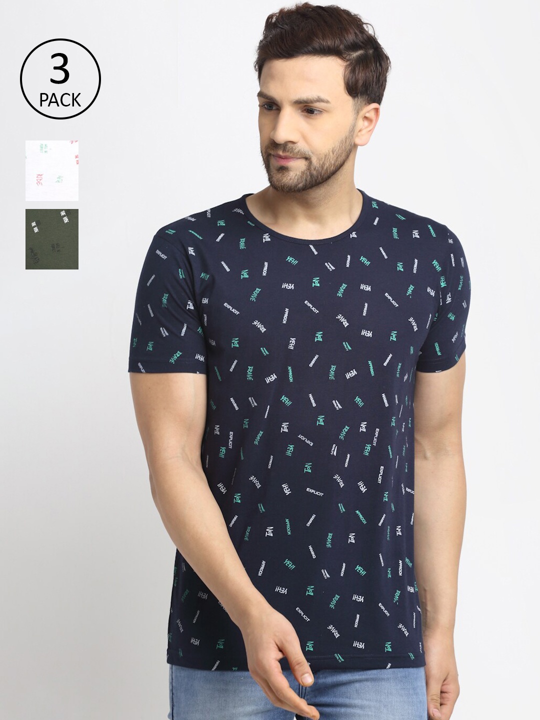 

VIMAL JONNEY Men Navy Blue Set of 3 Printed T-shirt