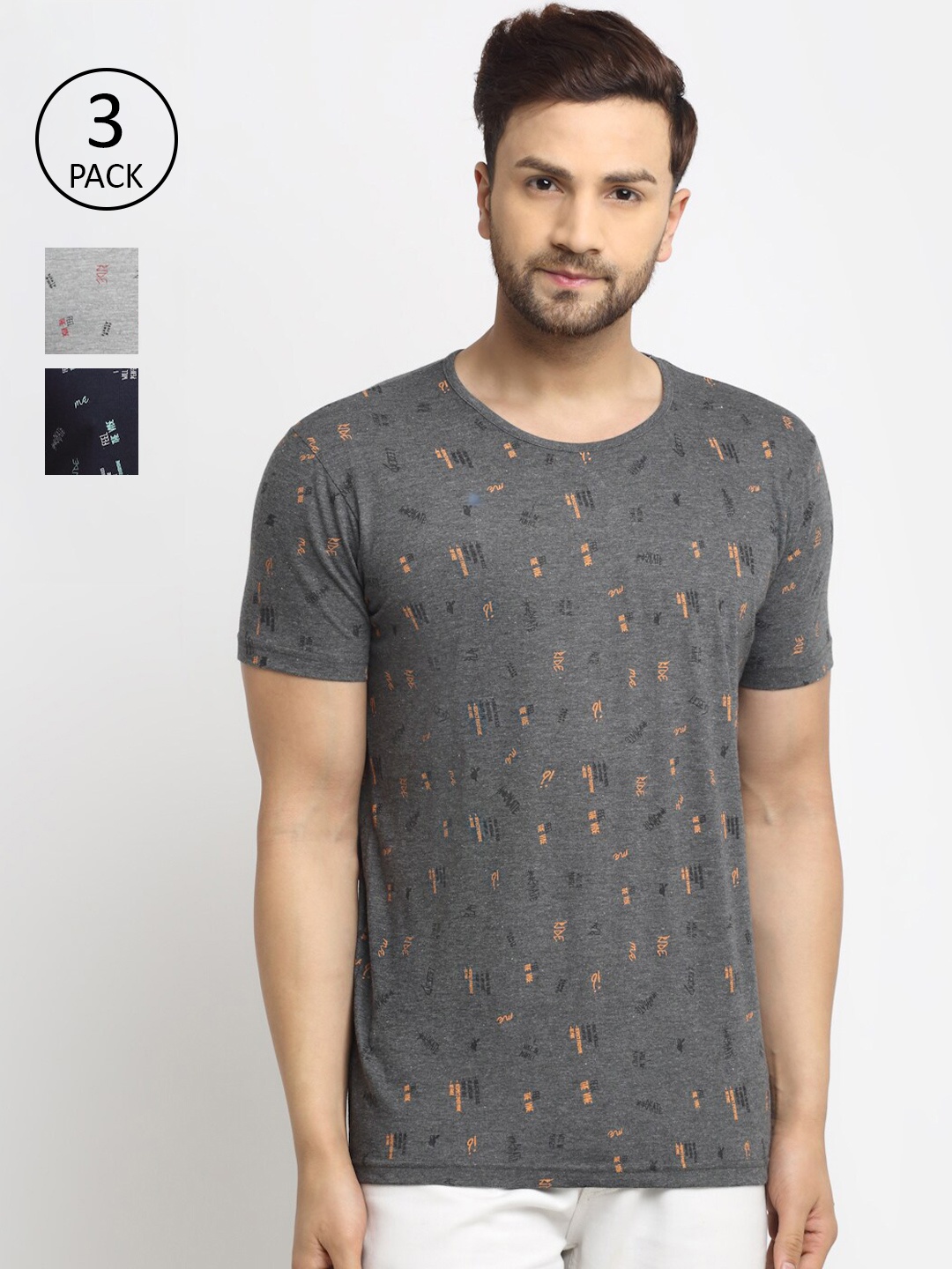 

VIMAL JONNEY Men Pack Of 3 Grey & Navy Blue Typography Printed T-shirt