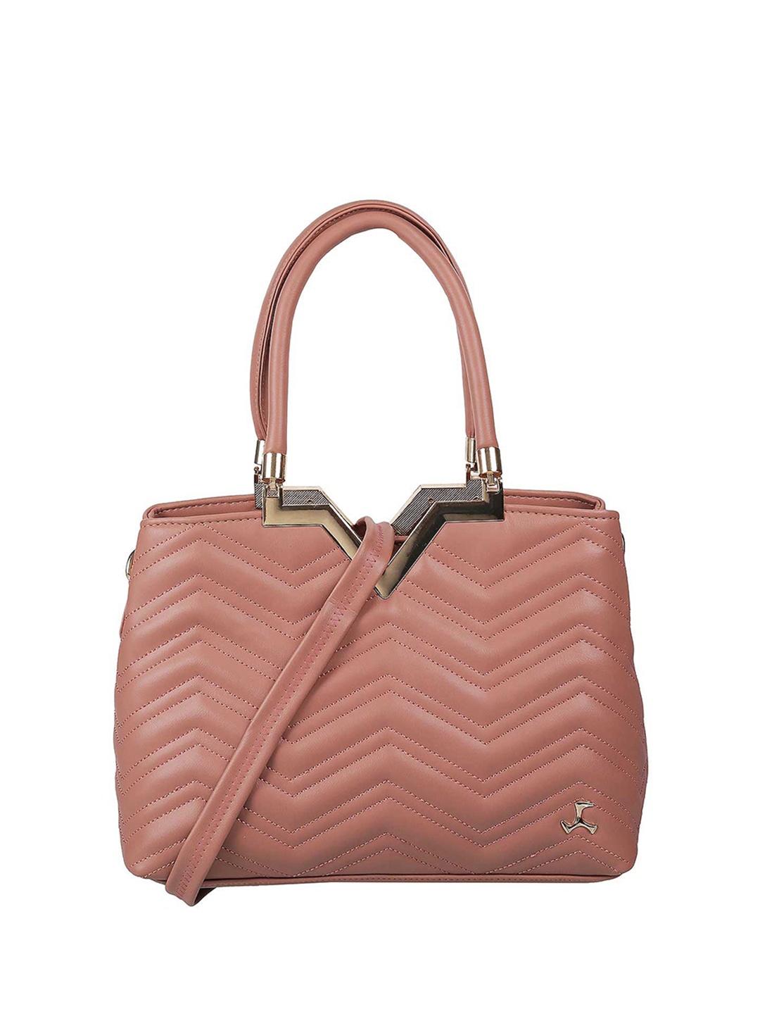 

Mochi Peach-Coloured Textured Structured Handheld Bag with Detachable Sling Strap