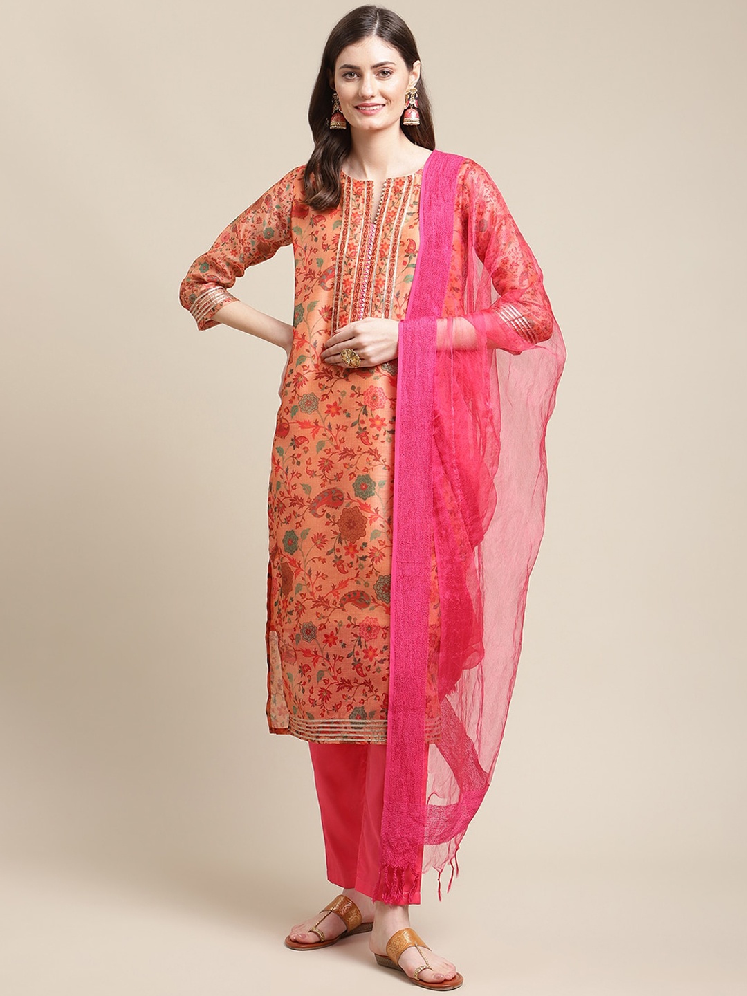 

Varanga Women Peach Floral Printed Chanderi Silk Kurta with Trousers & With Dupatta