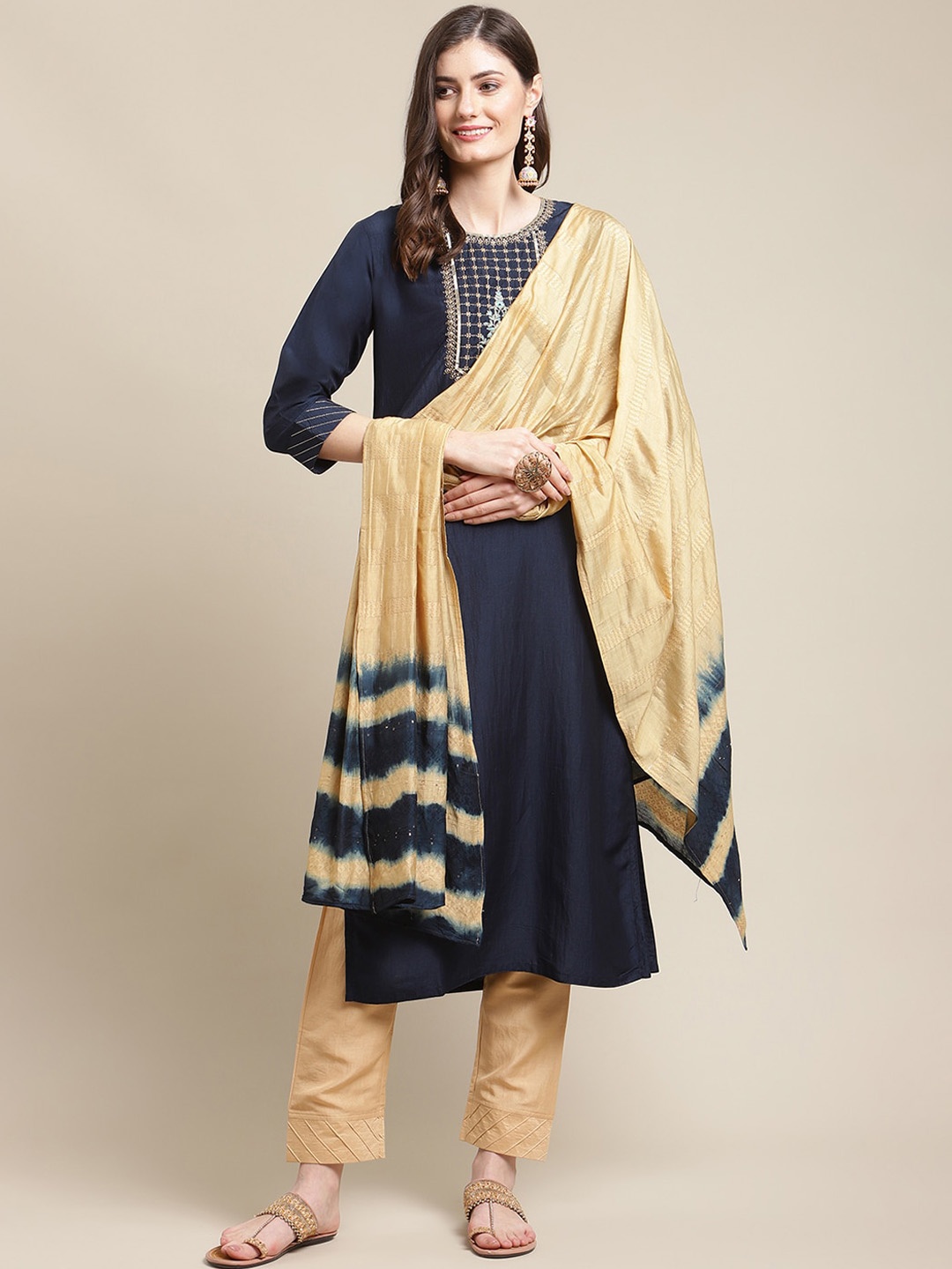 

Varanga Women Navy Blue Floral Embroidered Kurti Set With Dupatta