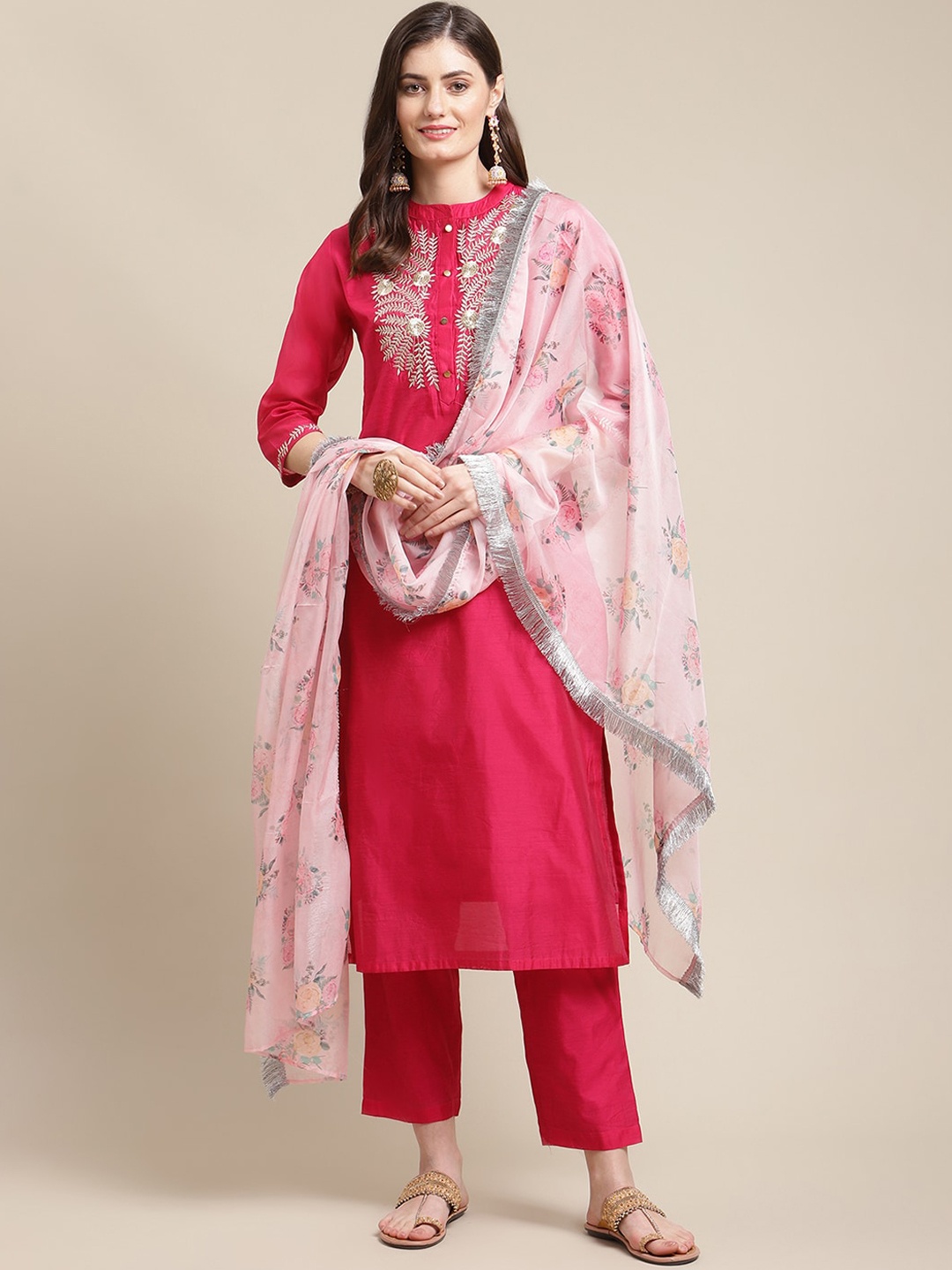 

Varanga Women Magenta Floral Chanderi Silk Kurta with Trousers & With Dupatta