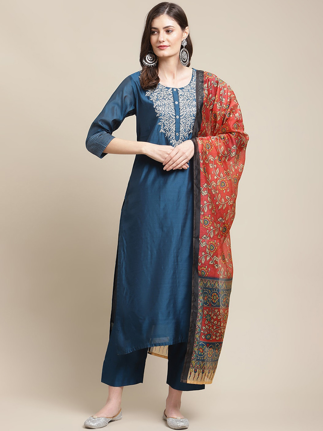 

Women Blue Floral Embroidered Chanderi Silk Kurta with Trousers & Dupatta