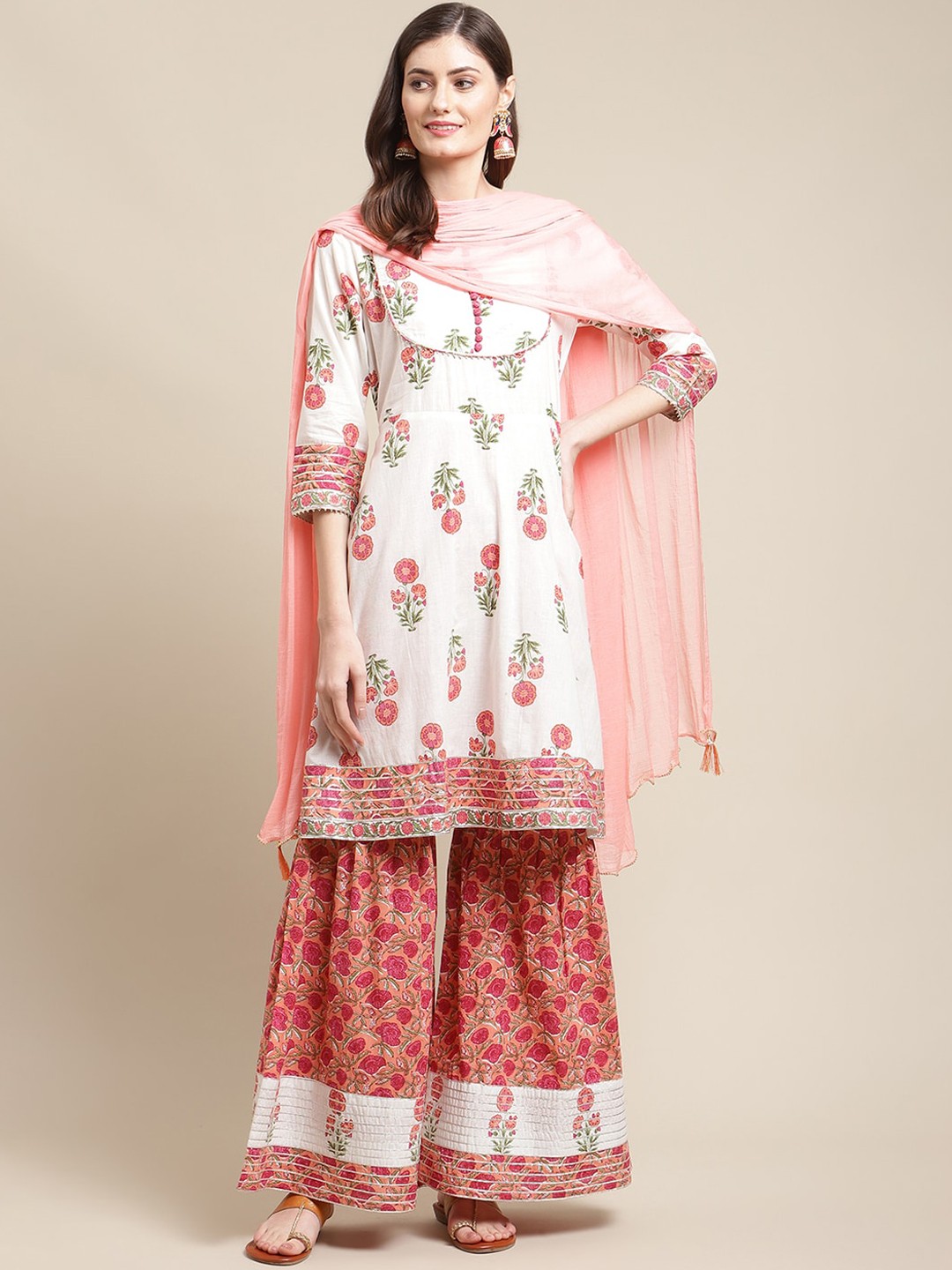

Varanga Women White Floral Printed Kurta with Sharara & With Dupatta