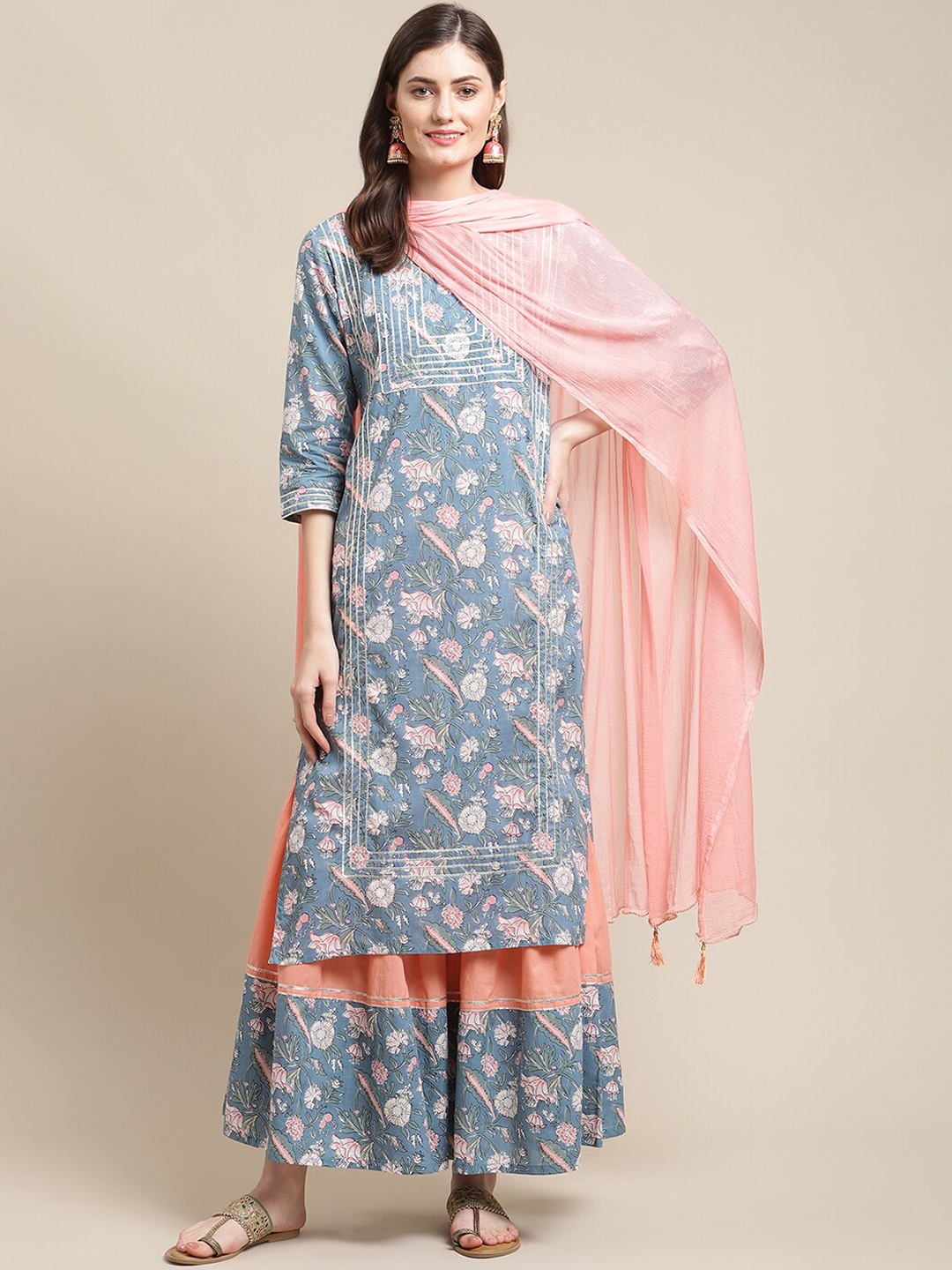 

Varanga Women Blue Floral Printed Gotta Patti Kurta with Sharara & With Dupatta