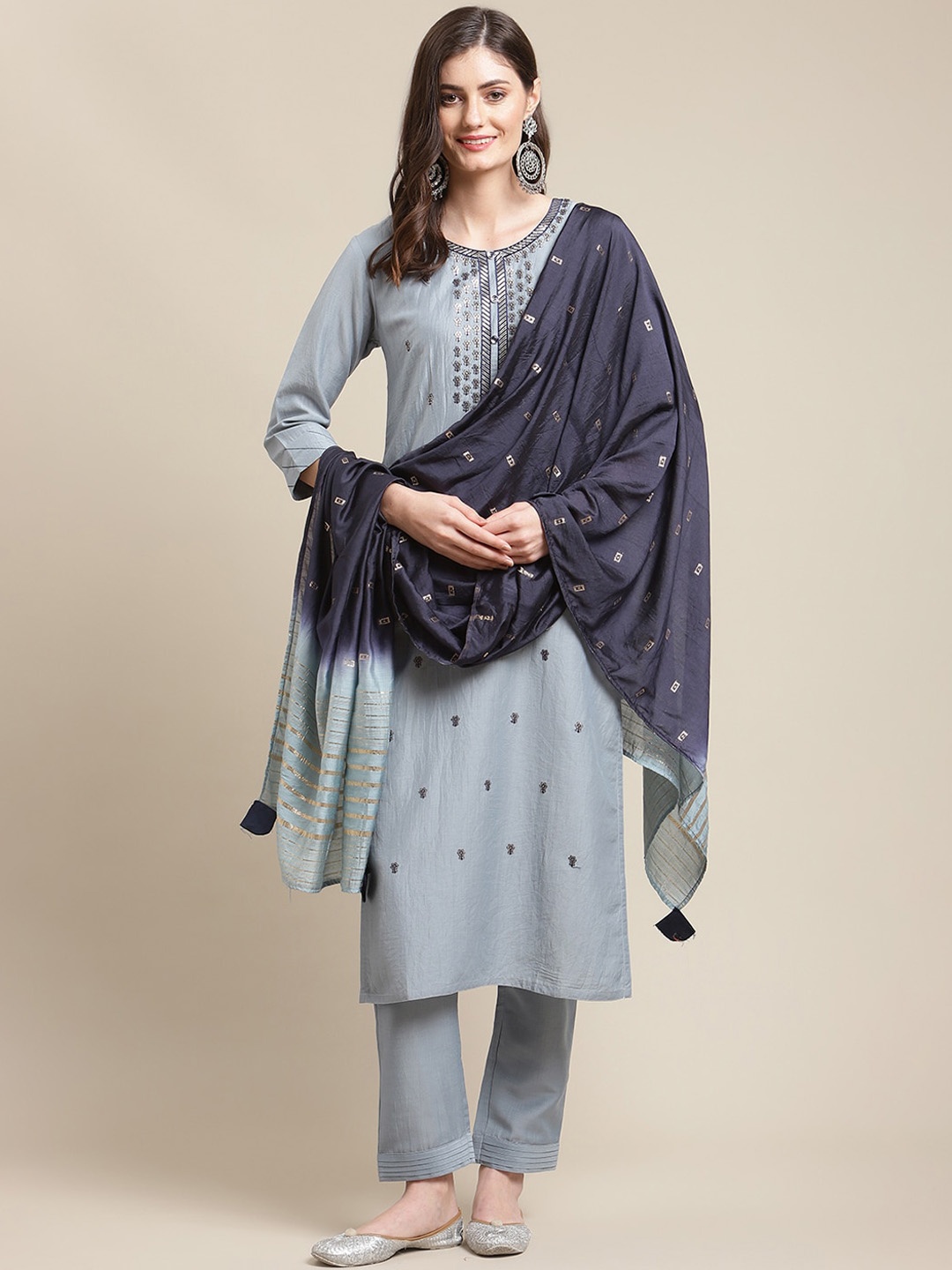 

Varanga Women Grey & Navy Blue Floral Embroidered Kurti with Trousers & With Dupatta