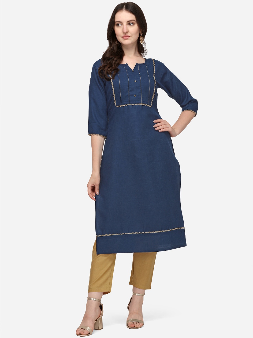 

SAADHVI Women Teal Yoke Design Gotta Patti Pure Cotton Kurta with Trousers