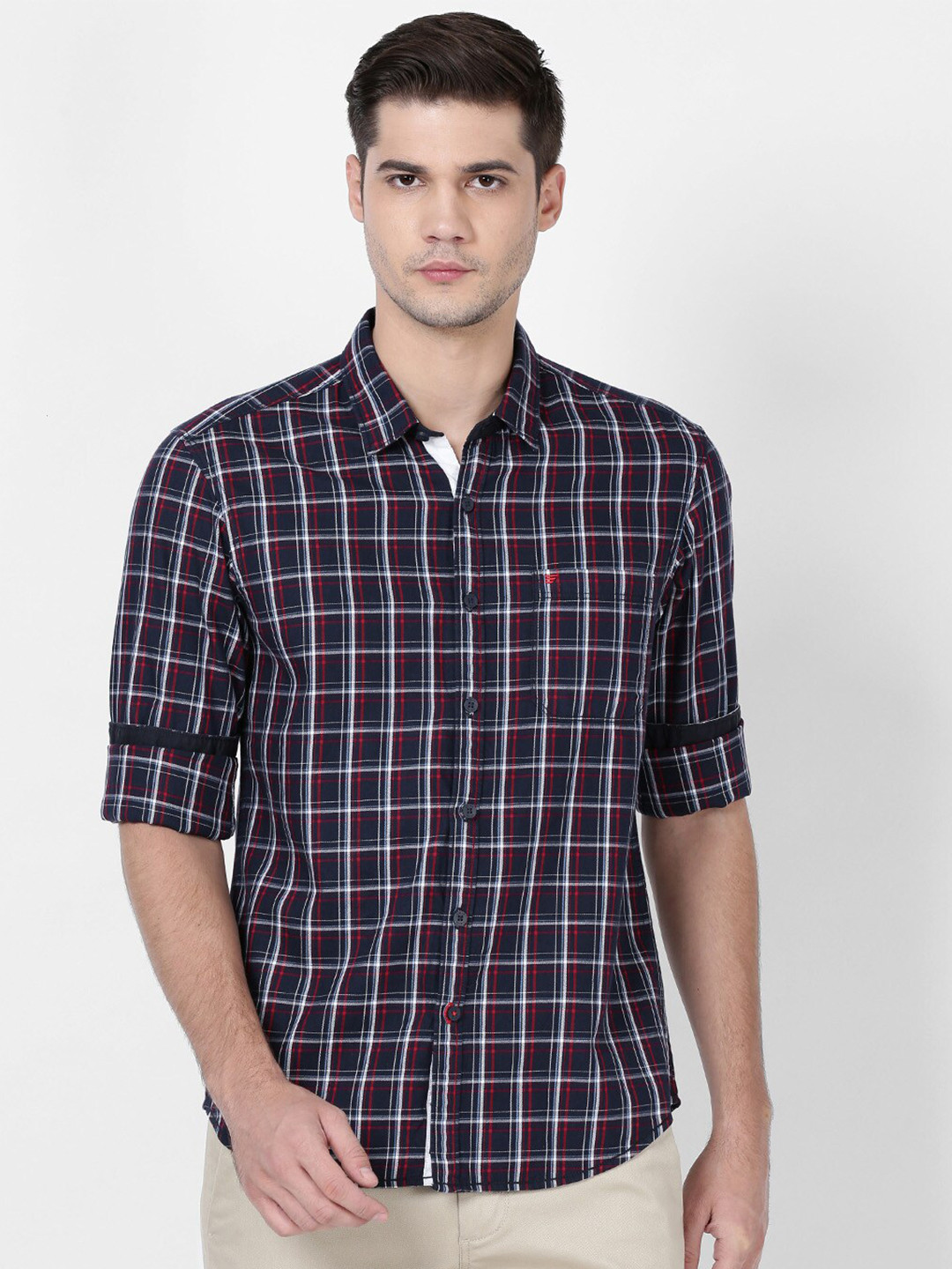 

t-base Men Blue Standard Grid Tattersall Checks Checked Pure Cotton Casual Shirt