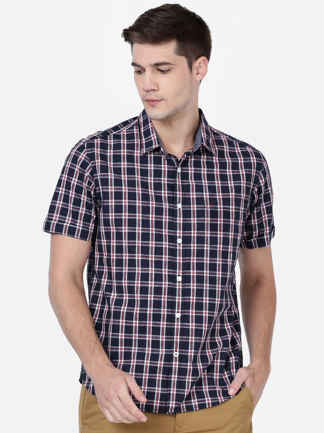 

t-base Men Blue Standard Checked Cotton Casual Shirt