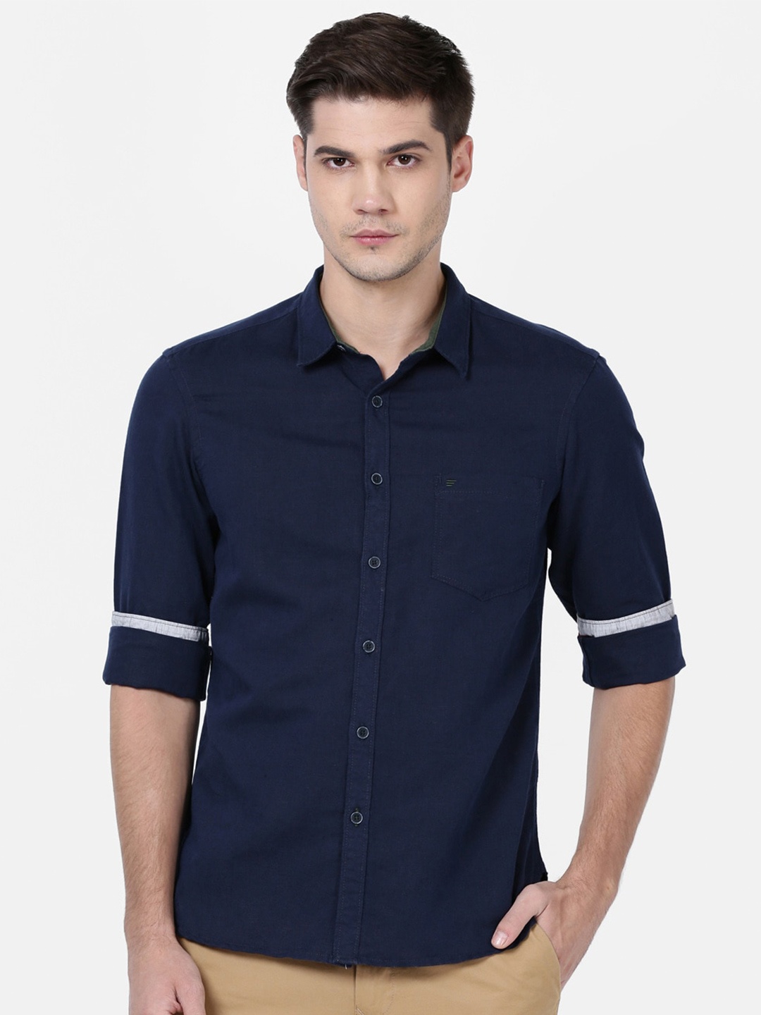 

t-base Men Navy Blue Solid Standard Casual Shirt