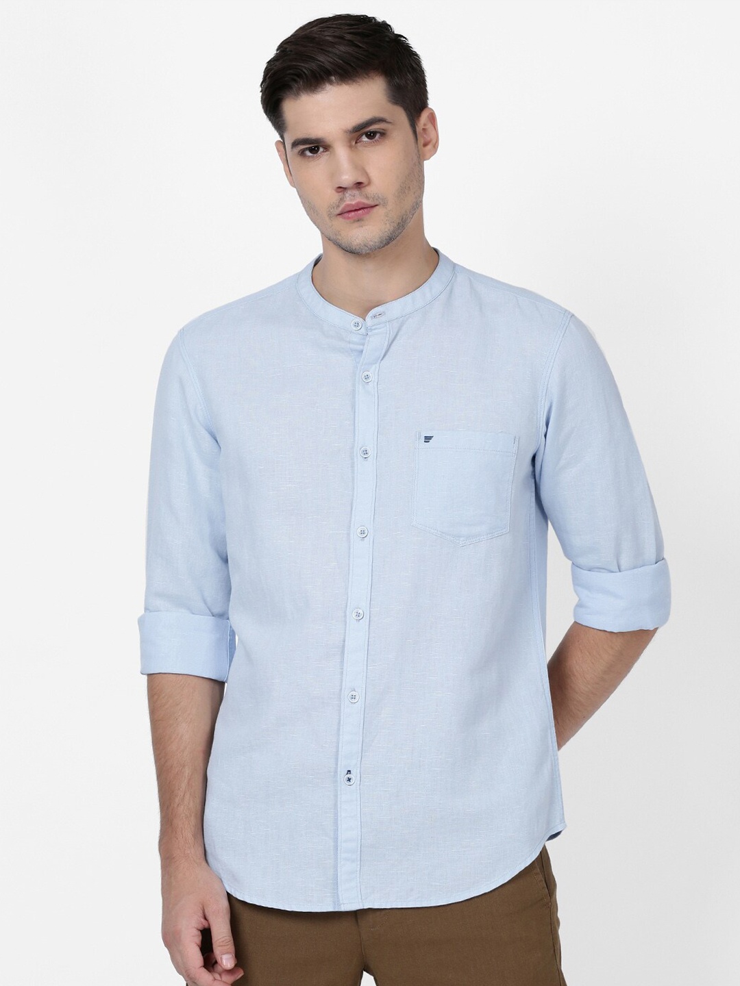 

t-base Men Blue Standard Casual Cotton Linen Shirt