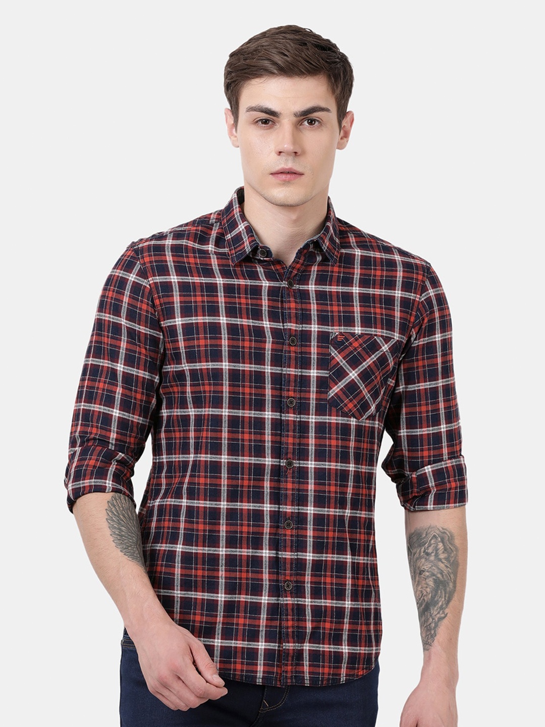 

t-base Men Orange Standard Tartan Checks Checked Casual Shirt