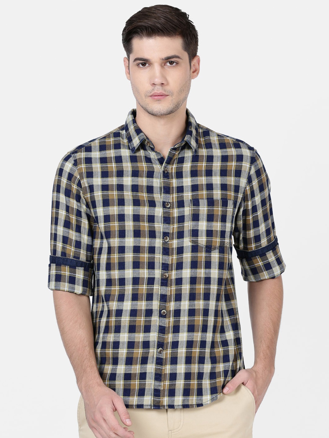 

t-base Men Yellow Standard Tartan Checks Checked Casual Shirt