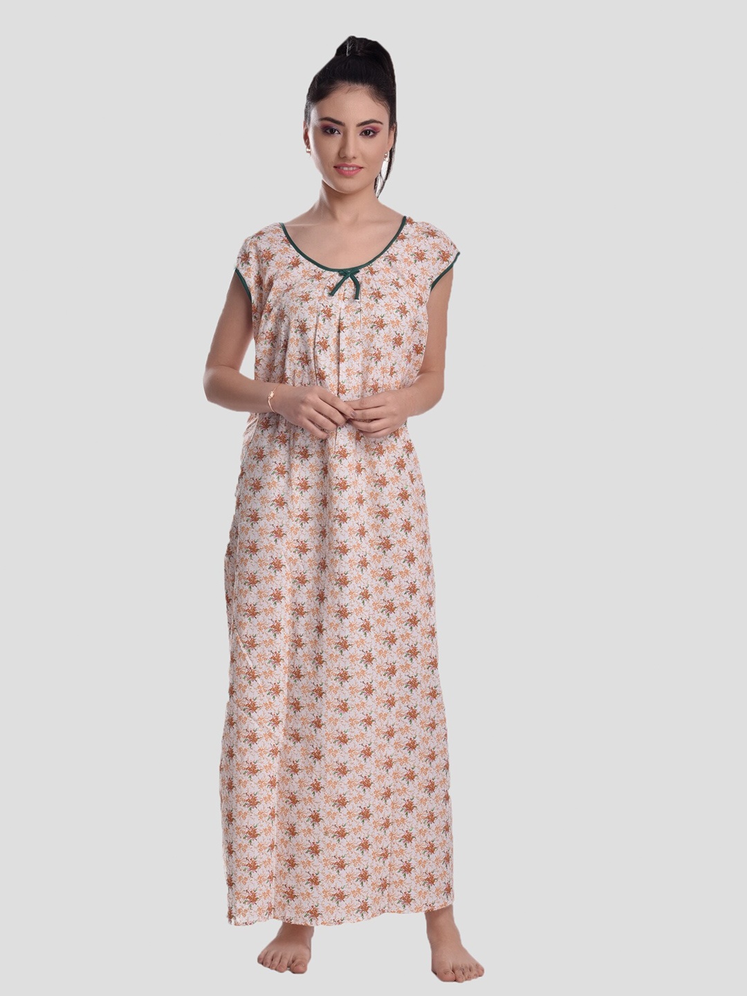 

CIERGE Women Orange Printed Sleeveless Cotton Maxi Nightdress