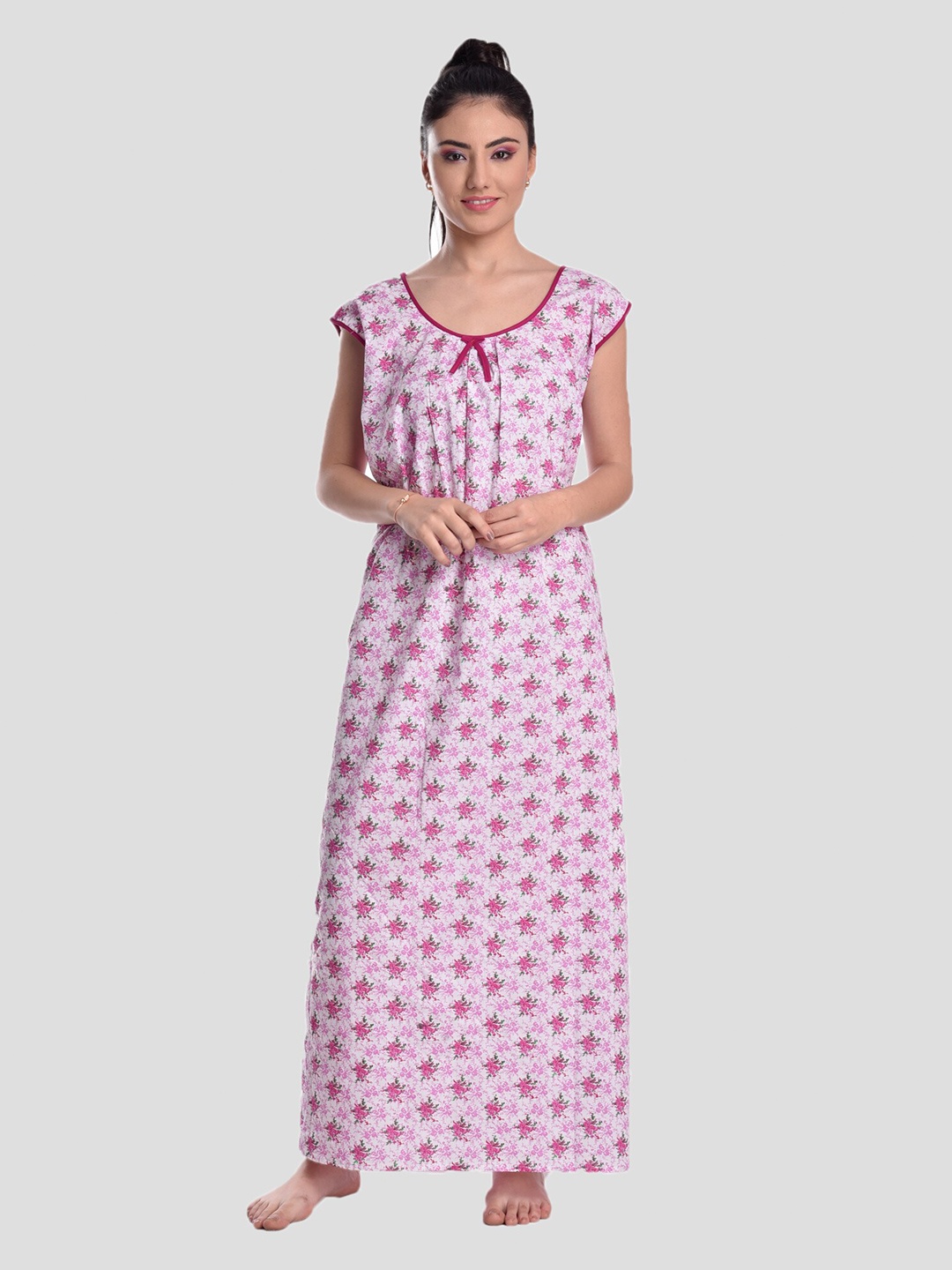 

CIERGE Pink Floral Printed Pure Cotton Maxi Nightdress