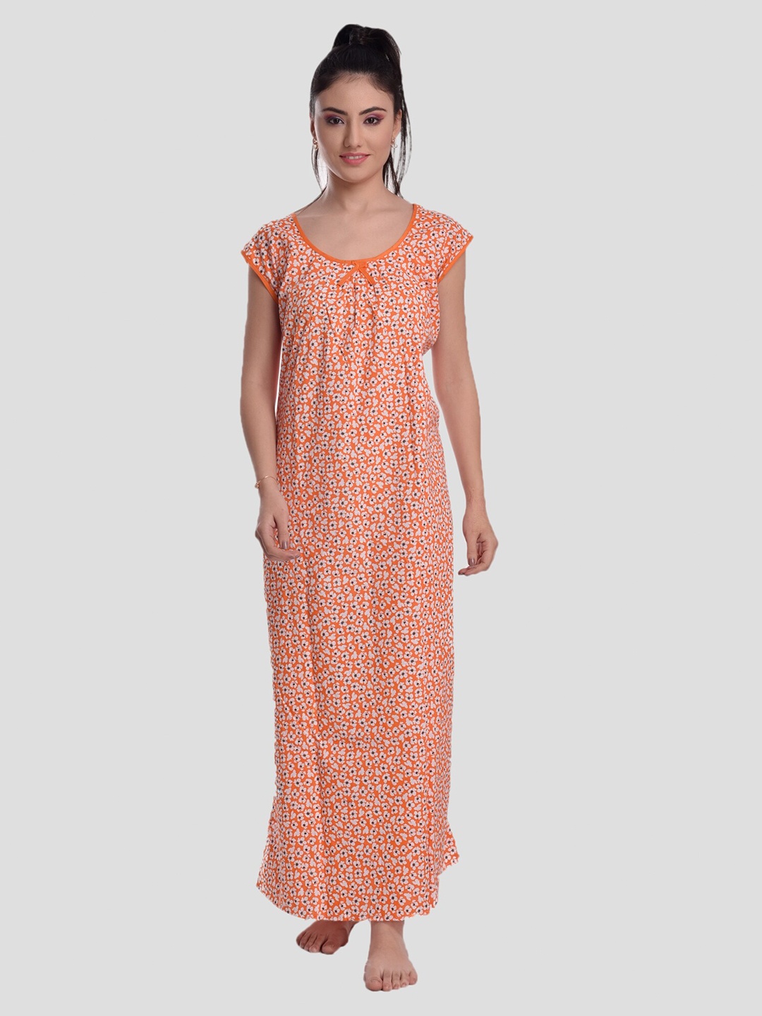 

CIERGE Orange & White Printed Pure Cotton Maxi Nightdress