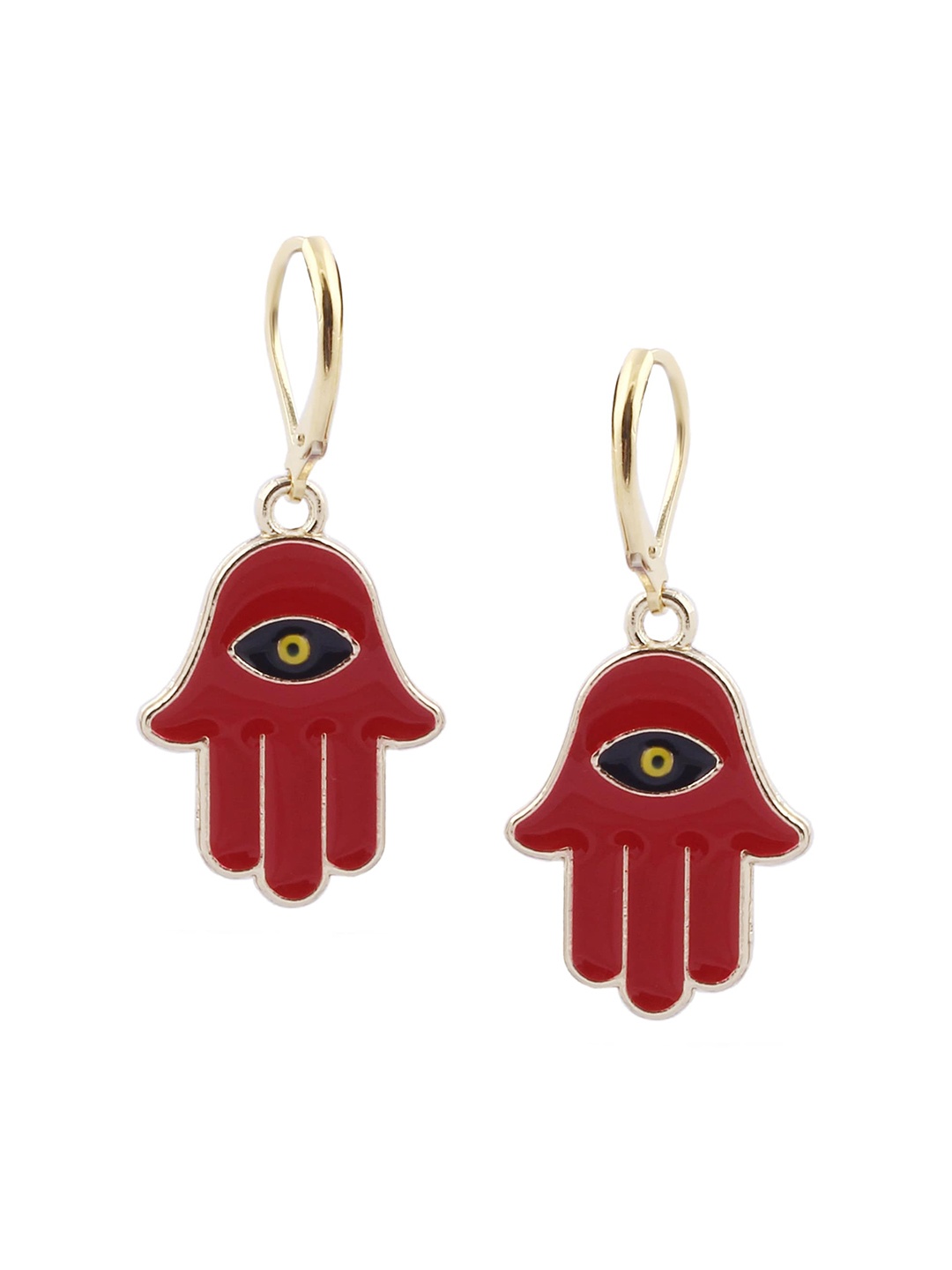 

EL REGALO Red & Gold-Toned Contemporary Hamsa Drop Earrings