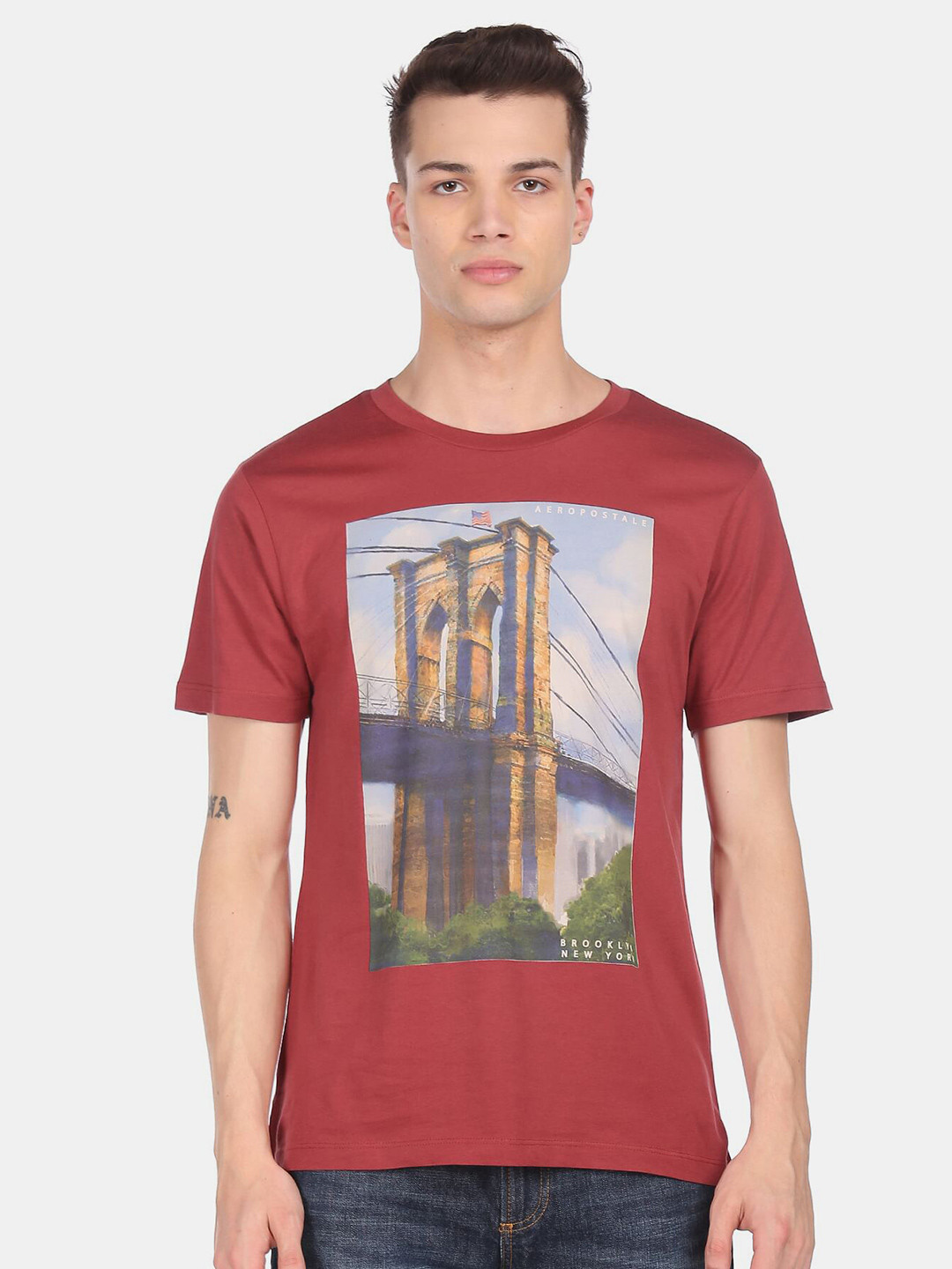

Aeropostale Men Red & Blue Printed Pure Cotton T-shirt